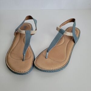Born Womens T Strap Sandals Blue Leather Thong Heel Strap Flats Size 9M